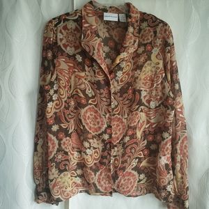 Alfred Dunner Sheer Metallic Floral Long Sleeve Button Down